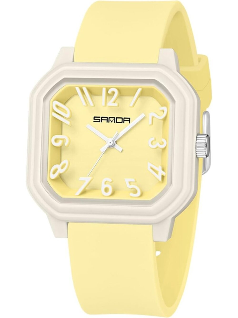 Women’s Light Yellow Big Arabic Numbers Silicone Strap Analog Square Wrist Watch
